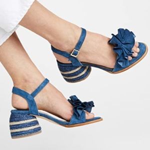 Blue Suede Paloma Barcelo Sandals w/ Raffia Heel